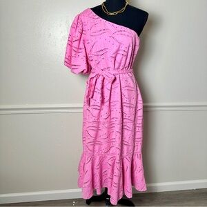 Gibson Latimer One-Shoulder Pink Eyelet Midi Dress with Self Tie